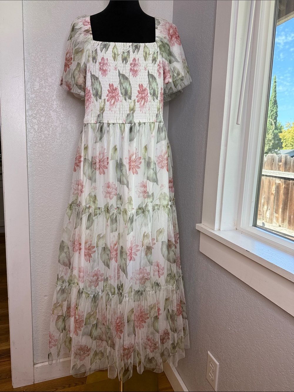 Celadon Floral Puff-Sleeve Mesh Smocked Tiered Maxi Dress Cottagecore Fairycore
